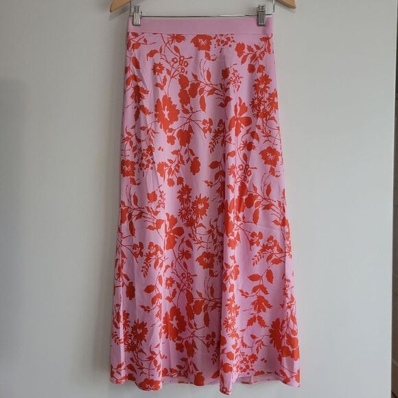 Outerknown Dresses & Skirts - OUTERKNOWN Women's Pink Orange Floral Silky Midi Skirt Size S Tropical Resort